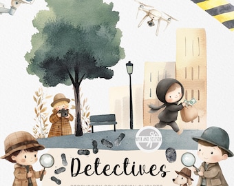 40 Cute Detective ClipArt, Watercolor Storybook, Boy Nursery, Little Spy, Birthday Party Invite Decor, Instant Download, Commercial License