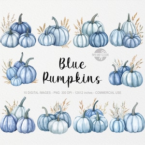 Puede incluir: Ilustraciones en acuarela de calabazas azules en varios tonos, con tallos marrones y acentos de trigo. El texto "Blue Pumpkins" se muestra en una fuente manuscrita. La imagen incluye 10 imágenes digitales, 30.48 x 30.48 cm.
