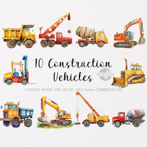 10 bouwplaatsvoertuigen cliparts, aquarel png, bulldozer, cementwagen, graafmachine, kiepwagen, kinderkamerinrichting jongen, digitale download