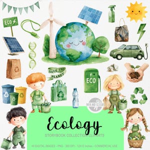 May include: A watercolor collection of ecology-themed illustrations featuring a smiling Earth, wind turbine, solar panels, recycling bins, electric car, and children in overalls. Text includes 'SAVE THE PLANET', 'ECO', and 'Ecology STORYBOOK COLLECTION CLIPARTS'.