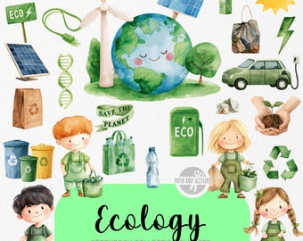 Ecology Clipart, Eco Kids Storybook PNG, Earth Day, Save The Planet, Watercolor Solar Wind Green Environment Sustainability Set, Sustainable