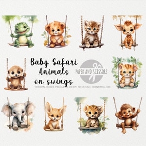 Baby Safari Dieren op Schommels Clipart, Baby Safari Dieren PNG, Schattige Dieren Clipart, Kwekerij decor kunst, Kwekerij Wall Art, Verjaardagsfeestje