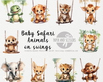 Baby Safari Animals on Swings Clipart, Baby Safari Animals PNG, Cute Animals Clipart, Nursery decor art, Nursery Wall Art, Birthday party