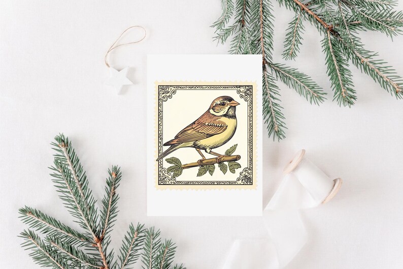 K&ouml;nnte beinhalten: Eine Illustration im Vintage-Stil eines braunen und gelben Vogels, der auf einem Zweig mit gr&uuml;nen Bl&auml;ttern sitzt. Die Illustration ist in einem dekorativen Rahmen mit cremefarbenem Hintergrund gerahmt.
