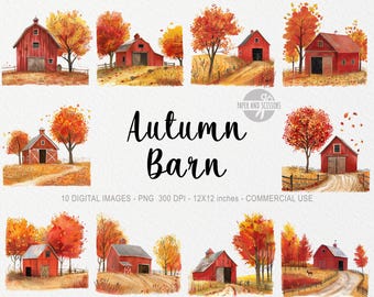 10 imágenes prediseñadas de granero otoñal, diseño otoñal PNG, ilustración de decoración de Hello Autumn, granja de Acción de Gracias, Halloween, imágenes prediseñadas de casa de campo, descarga instantánea
