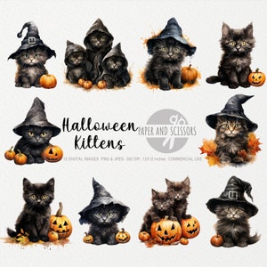 Halloween Kittens ClipArt, Kitten PNG, Watercolor Cat illustration, Halloween PNG, Halloween Clipart, Halloween Bundle, Pumpkin PNG,Cute Cat