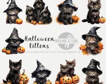 Halloween Kittens ClipArt, Kitten PNG, Watercolor Cat illustration, Halloween PNG, Halloween Clipart, Halloween Bundle, Pumpkin PNG,Cute Cat