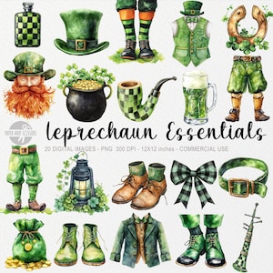 May include: A set of 20 digital watercolour illustrations of leprechaun essentials, including a hat, pipe, boots, a pot of gold, a horseshoe, a lantern, a bow tie, a waistcoat, a pair of glasses, a shamrock, a bag of gold coins, a pair of shoes, a musical instrument, and a leprechaun.