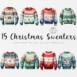 May include: Watercolor illustrations of 15 Christmas sweaters in various designs and colors, including red, green, and blue. The sweaters feature snowflake, floral, and geometric patterns. Text reads "15 Christmas Sweaters".