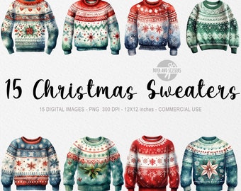 15 Christmas Sweaters ClipArt, Watercolor Christmas Sweaters PNG, Pullover, Turtleneck, Christmas clothes, Christmas ClipArt, Christmas Tree