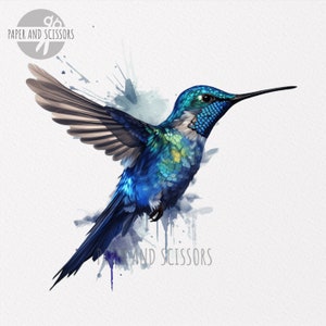 May include: A blue and green hummingbird with a long beak is flying in a watercolor-style illustration. The bird is in mid-flight with its wings spread wide. The background is a soft blue and green watercolor wash.