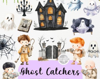 25 Cute Ghost Catcher ClipArt, Aquarell Bilderbuch, Kinderzimmer, Sport, Geburtstagsfeier einladen & Dekor, sofortiger Download, kommerzielle Lizenz