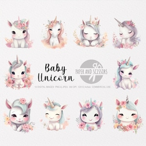 Clipart z akwarelą Baby Unicorn, Baby Unicorn PNG, ilustracja konia, sztuka dla dzieci, sztuka ścienna dla dzieci, wystrój pokoju dziecięcego, clipart z baby shower, dziewczyna