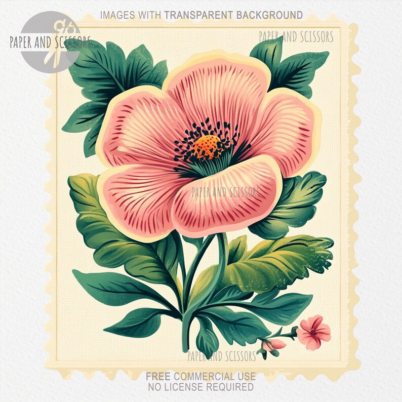 K&ouml;nnte beinhalten: Eine Illustration im Vintage-Stil einer rosa Blume mit gr&uuml;nen Bl&auml;ttern auf cremefarbenem Hintergrund. Das Bild ist mit einem dekorativen Rahmen versehen und enth&auml;lt den Text "PAPER AND SCISSORS" und "FREE COMMERCIAL USE NO LICENSE REQUIRED".