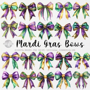 20 ClipArts de Laço de Mardi Gras, Coquette PNG Sublimação, Decoração do Festival de Loiusiana, Carnaval de Contas, Camisa Nova Orleans, Design de Glitter, Arte de Decoração
