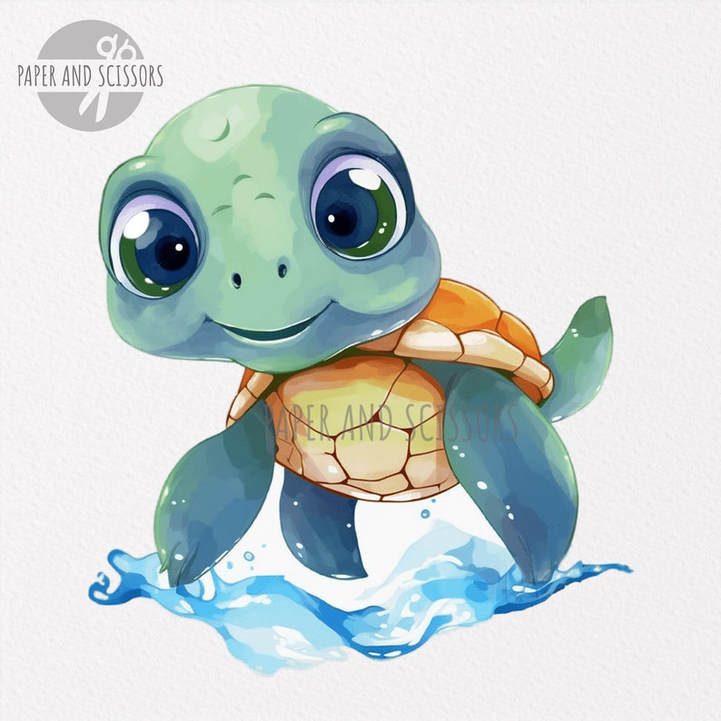 May include: A cartoon illustration of a green and blue sea turtle with big eyes, a smile, and an orange shell. The turtle is swimming in blue water.