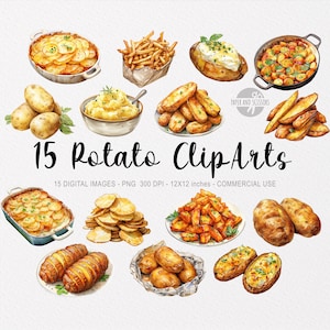 15 Platos de papa ClipArt PNG, Ilustración de papa, Comida de acuarela, Cocina de papa, Papas fritas, Guiso, Camote, Descarga instantánea