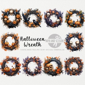 Halloween Wreath ClipArt, Wreath PNG, Watercolor Halloween Wreath PNG, Halloween Clipart, Halloween Bundle, Skull PNG, Pumpkin Png, Flowers