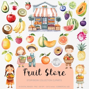 40 Süßes Obst Geschäft ClipArt, Aquarell Kinder Bilderbuch, Shopping Kinderzimmer, Geschäft, Essen Getränke, Geburtstagsparty einladen & Dekor, Instant Download