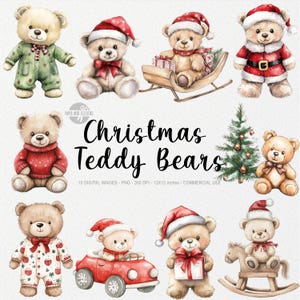 10 Weihnachten Teddybär Aquarell Clipart, Urlaub Teddybär PNG, Braun Teddybär Illustration, mKinderzimmer Dekor, Weihnachten Baby Geschenkkarte