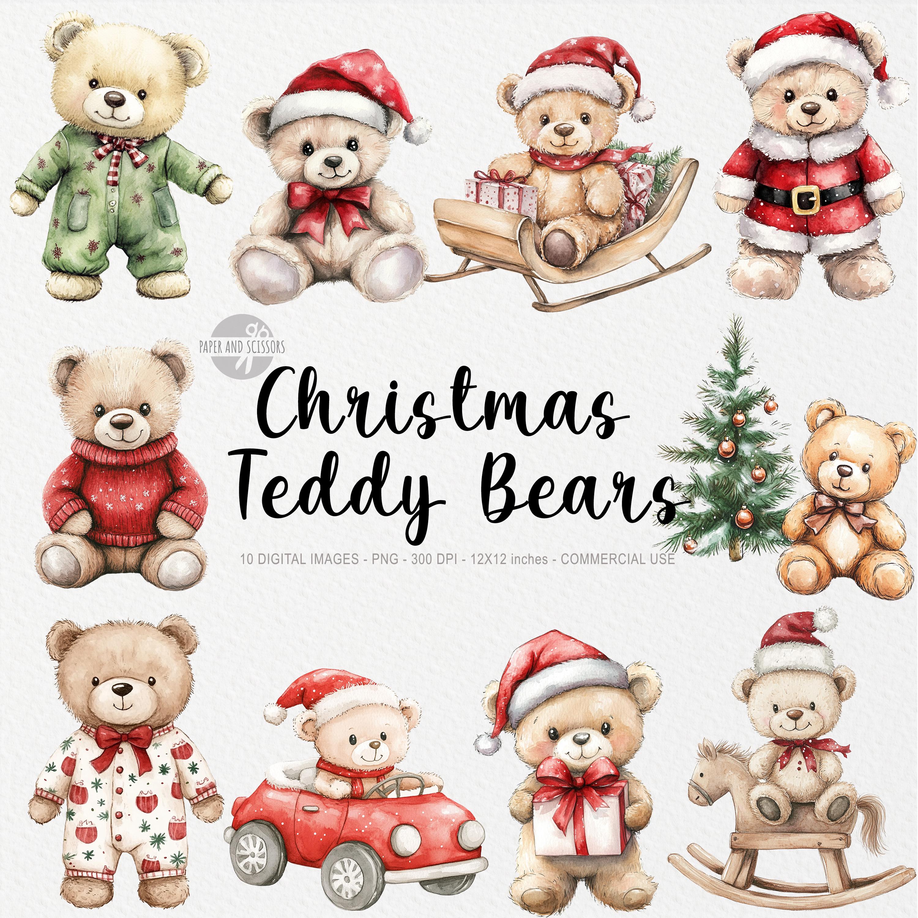 10 Christmas Teddy Bear Watercolor Clipart, Holiday Teddy Bear PNG, Brown Teddy Bear illustration,mNursery Decor, Christmas Baby gift card
