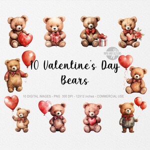 10 Valentinstag Bär ClipArt, Bär PNG, Teddybär Illustration, Aquarell Bär, Herz Ballon, Valentinstag Geschenk, Liebe ClipArt