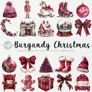 20 cliparts de Noël Bordeaux, PNG de vacances, décoration de vacances rouge foncé, décembre confortable, imprimable hiver, pain d'épice aquarelle, impression de vacances