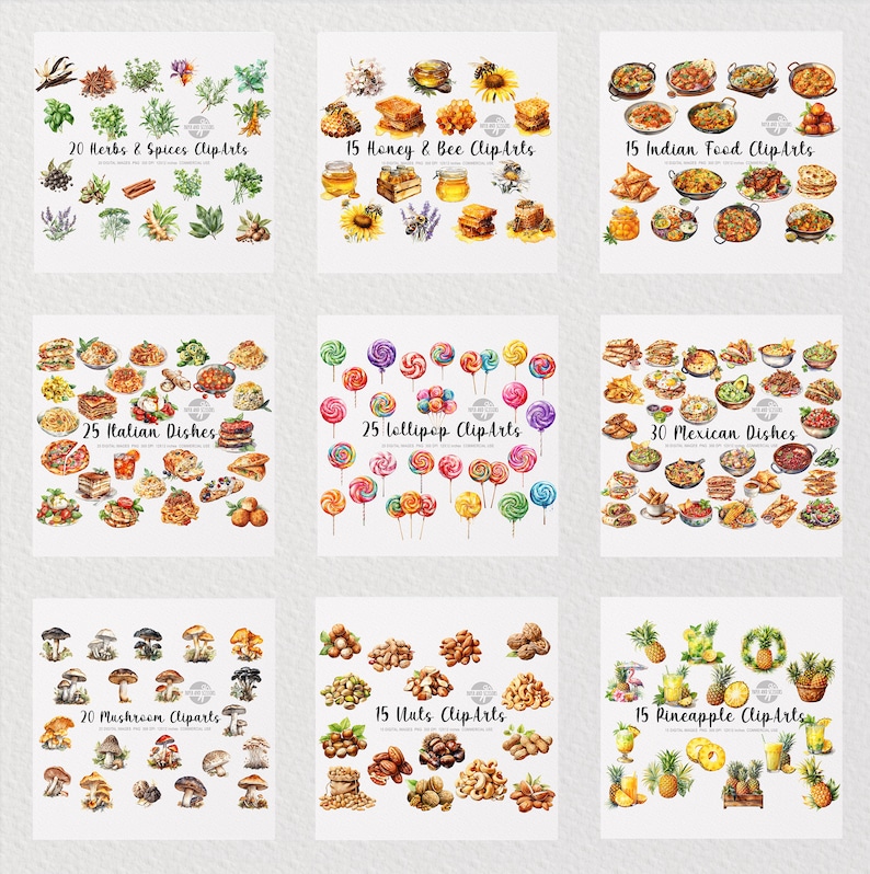 May include: A collection of watercolour illustrations featuring various food and nature themes. The illustrations include herbs and spices, honey and bees, Indian food, Italian dishes, lollipops, Mexican dishes, mushrooms, nuts, and pineapples.