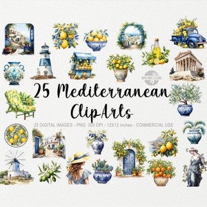 Puede incluir: Un conjunto de 25 imágenes de clip art digitales con temas mediterráneos. Las imágenes incluyen limones, olivos, un faro, un molino de viento, un templo griego, una puerta azul, una mujer con un sombrero de paja y mucho más. Las imágenes están en estilo acuarela y son perfectas para agregar un toque de encanto mediterráneo a tus proyectos.