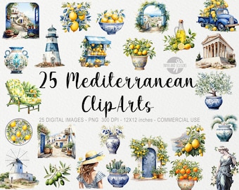 May include: A set of 25 digital clip art images featuring Mediterranean themes. The images include lemons, olive trees, a lighthouse, a windmill, a Greek temple, a blue door, a woman in a straw hat, and more. The images are in a watercolor style and are perfect for adding a touch of Mediterranean charm to your projects.