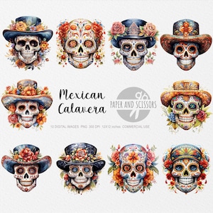10 mexikanische Calavera ClipArts, mexikanische Calavera PNG, mexikanische Calavera Illustration, Aquarell mexikanische Calavera, Sugar Skull ClipArts, Mexiko
