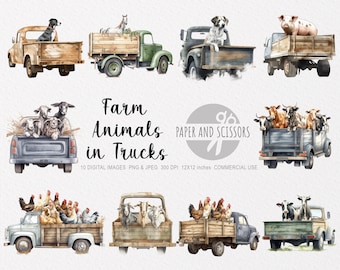 Animales de granja en camiones Clipart, viejo camión de granja PNG, ilustración de camión rústico, imágenes prediseñadas de animales de granja, camión de acuarela, decoración de granja, granja PNG