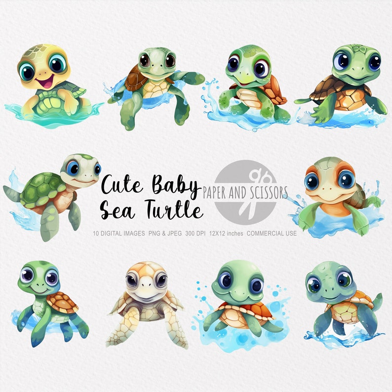 May include: Ten digital illustrations of cute baby sea turtles with big eyes. The turtles are in various poses, some are swimming in the water, some are on land, and some are looking at the viewer. The illustrations are in a cartoon style and are perfect for use in children's books, crafts, or other creative projects.