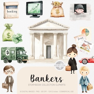 35 Little Banker ClipArts, Carino Ragazzo Ragazza Lavoro PNG, Libro di fiabe ad acquerello, Tema per bambini, Adesivi per soldi, Download immediato, Licenza commerciale