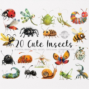 20 Süße Insekten ClipArts, kleine Kreaturen Aquarell PNG, Baby Shower Wand Kunst, Kinderzimmer Dekor, Garten Bugs, Aufkleber, Spinne, Biene, Marienkäfer