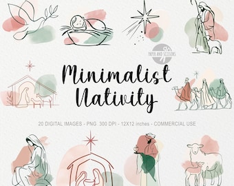 May include: A collection of digital line art illustrations featuring nativity scenes, including a dove, a baby in a manger, a star, figures, and animals, accented with soft pink and green watercolor shapes and the text Minimalist Nativity.