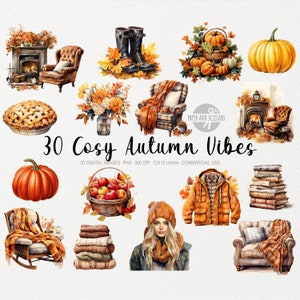 30 Cosy Autumn Vibes Aquarelle ClipArt, Décoration d'automne PNG, Illustrations d'automne et d'automne, Thanksgiving PNG, Citrouille PNG, Feuilles, Tarte, Thé