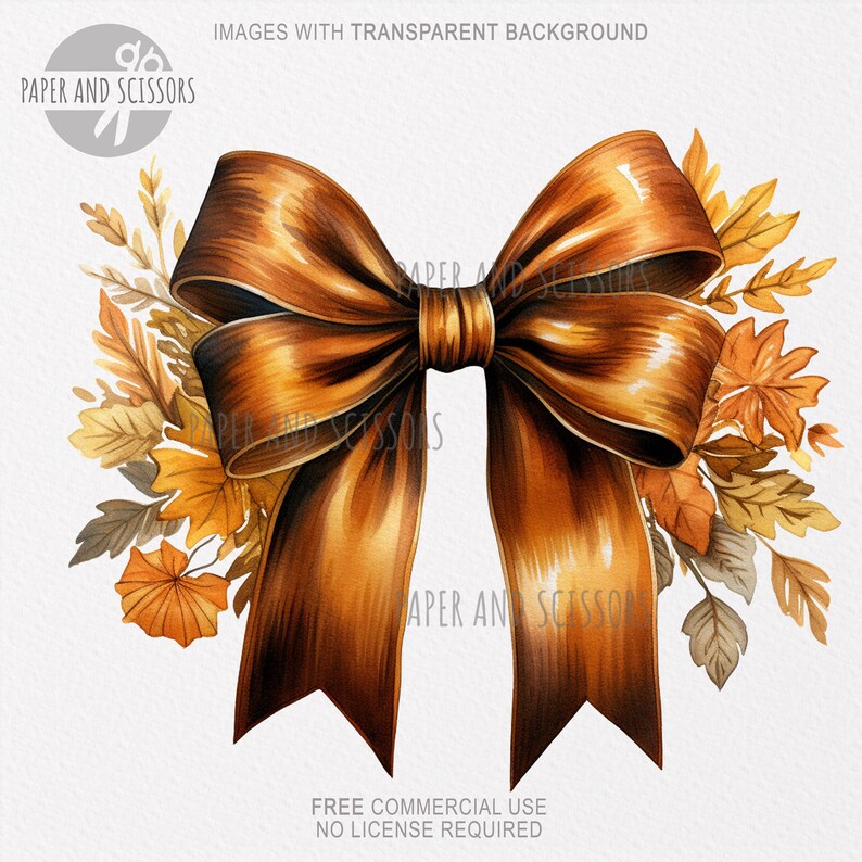 May include: Watercolor illustration of a large, glossy, bronze-colored bow with long, flowing tails. The bow is surrounded by autumn leaves in shades of orange, brown, and yellow. The image has text that says "IMAGES WITH TRANSPARENT BACKGROUND" and "FREE COMMERCIAL USE NO LICENSE REQUIRED".