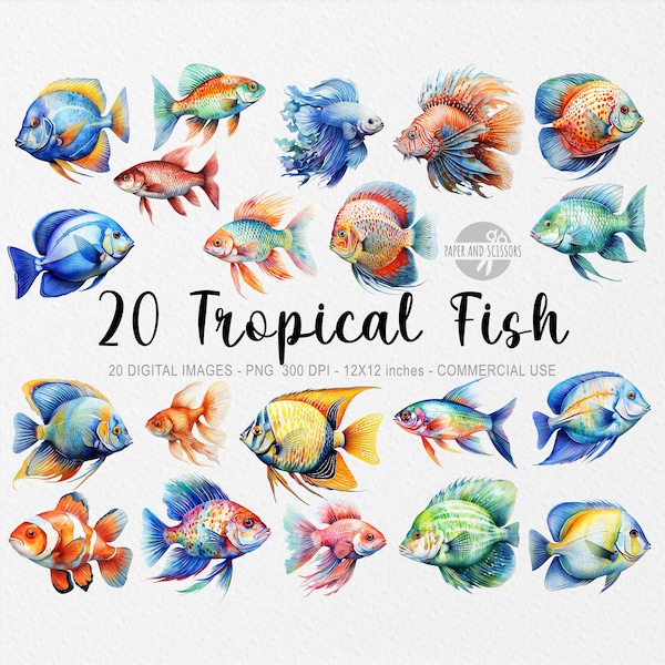 20 Tropical Fish Cliparts, Clownfish, Koi, Lionfish, Angelfish, Goldfish, Sea Animal Illustrations, Instant Download for Commercial Use