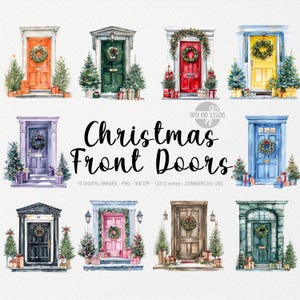 10 kerst voordeur cliparts, kerst veranda png, huisdecor, winter afdrukbaar, deursticker, eenvoudig kerstontwerp, kaartideeën