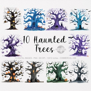 10 Haunted Tree ClipArt, Halloween PNG, Spooky Decor, Haunted Forest, aquarel illustratie, commerciële licentie, Instant Download