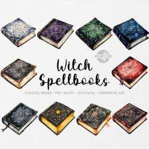 Puede incluir: Ilustraciones en acuarela de diez libros de hechizos de brujas en varios colores, incluyendo azul, verde y rojo. Cada libro presenta intrincados diseños y símbolos celestiales. El texto "Witch Spellbooks" se muestra en el centro.