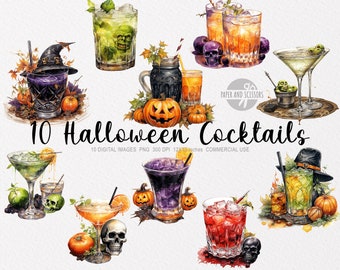 10 imagens de coquetéis de Halloween, imagens PNG de coquetéis de Halloween em aquarela, clipart de Halloween, temporada assustadora, imagens de bebidas, bebidas assustadoras, bruxa