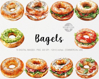 May include: Ten watercolor illustrations of various bagels, some plain and some with toppings like avocado, cream cheese, and tomato. The text "Bagels" is written in a stylized font.