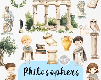 25 Kleiner Philosoph ClipArt, niedliche Schule PNG, Aquarell Märchenbuch, Geschichtsklasse, Archäologie-Kinderzimmer, sofortiger Download kommerzielle Lizenz