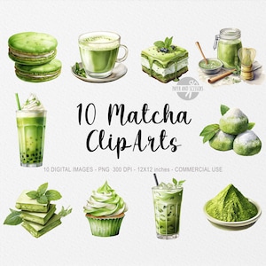 10 images clipart matcha, thé Matcha aquarelle, style japonais, clipart nourriture, clipart fruits, thé vert, fusion Matcha, téléchargement immédiat