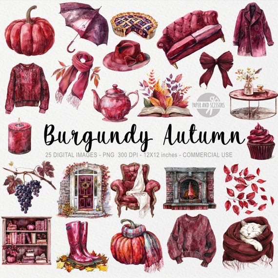 25 Burgundy Autumn ClipArts, Sweater Weather PNG, Velvet Fall, Cozy Fall Decor, Hello Fall, Pumpkin, Leaves, Fireplace, October Watercolor