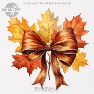 May include: Watercolor illustration of autumn leaves in shades of yellow, orange, and red, with a large brown ribbon bow. The image has text that says "IMAGES WITH TRANSPARENT BACKGROUND", "PAPER AND SCISSORS", and "FREE COMMERCIAL USE NO LICENSE REQUIRED".