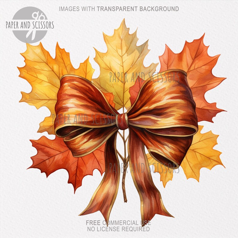 May include: Watercolor illustration of autumn leaves in shades of yellow, orange, and red, with a large brown ribbon bow. The image has text that says "IMAGES WITH TRANSPARENT BACKGROUND", "PAPER AND SCISSORS", and "FREE COMMERCIAL USE NO LICENSE REQUIRED".