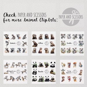 May include: A digital collage of watercolor illustrations of various animals, including a lemur, otter, koala, panda, and alpaca. The illustrations are arranged in a grid format with the text "Check PAPER AND SCISSORS for more Animal ClipArts" at the top.